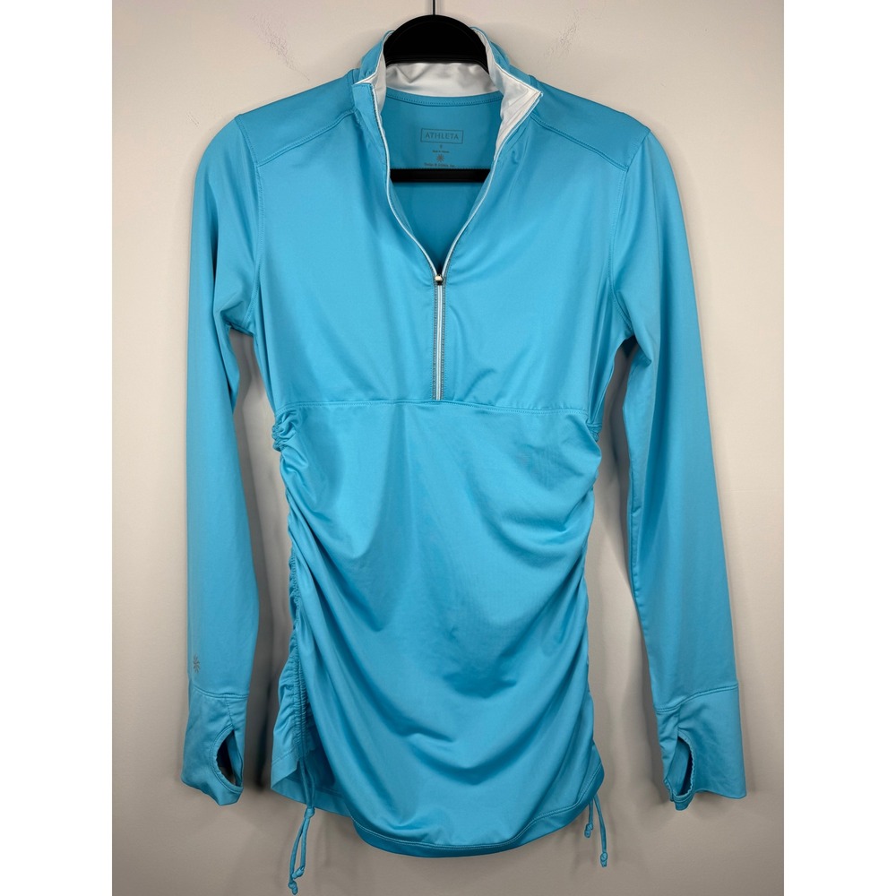 Athleta Womens S Quarter Zip Pullover Blue Thumbholes Ruched Side Stretch Top